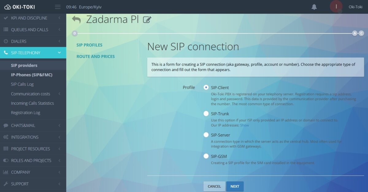 Creating SIP connection