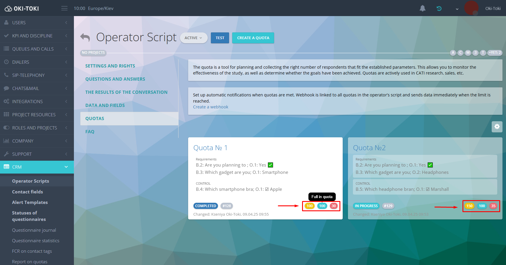 Number of questionnaires per quota